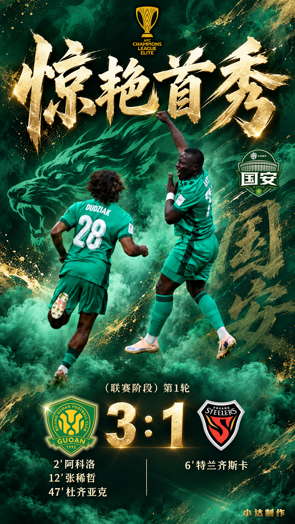 💚【时隔13年再胜浦项·赛后海报】主题：惊艳首秀！人物：杜齐亚克（全场最佳）、