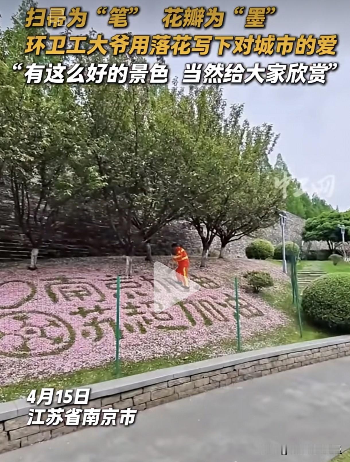 环卫工又玩出新赛道了！南京一位环卫工大爷将掉在地上的落花收集起来，在草坪上摆出了