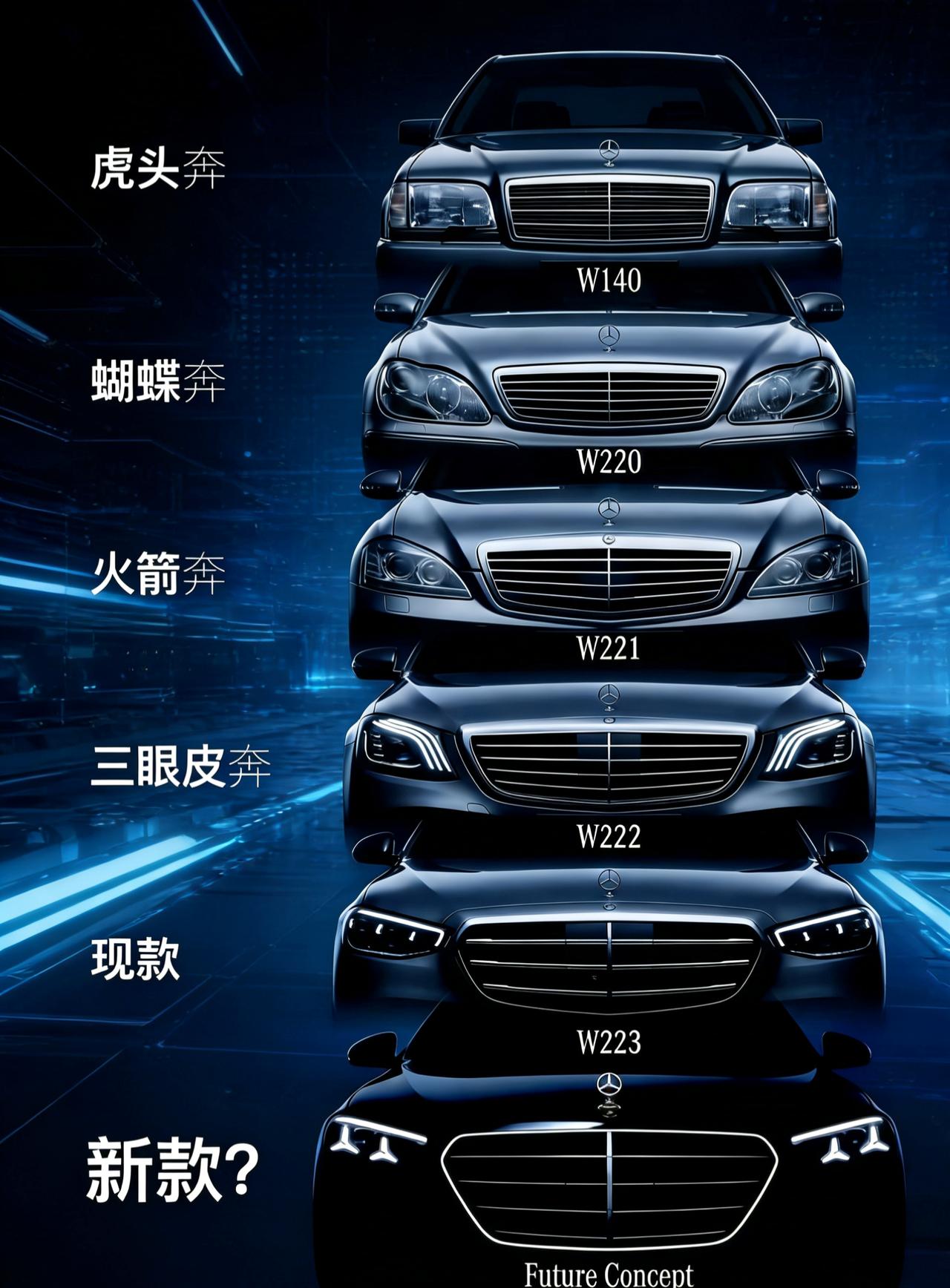 奔驰S级的变化，哪一代最戳你？🔥 奔驰S级历代“奔”字辈进化史
 ✅虎头奔（W