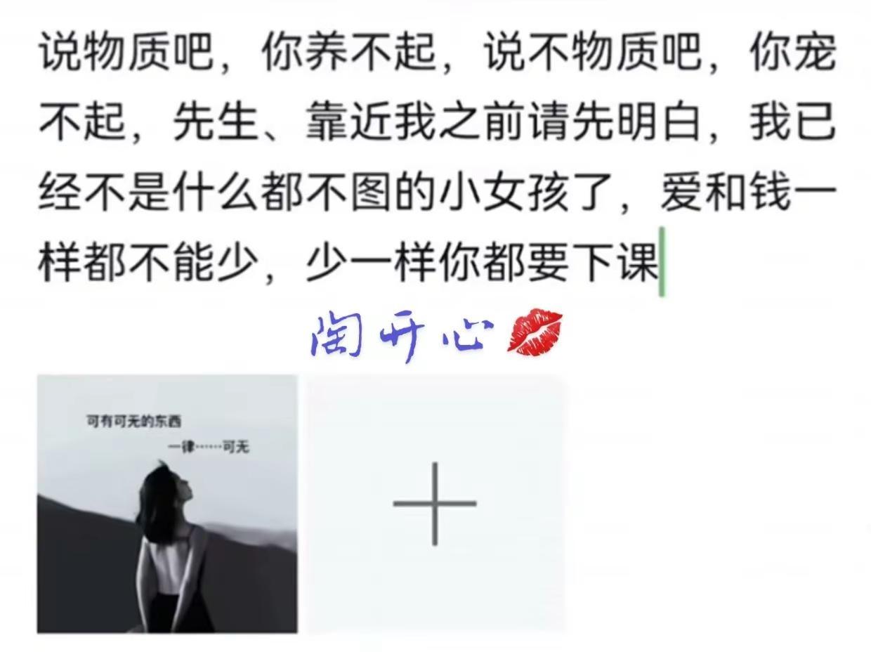 说物质吧 ，你养不起 ，说不物质吧 ，你宠不起 ，先生 ，靠近我之前请先明白 ，