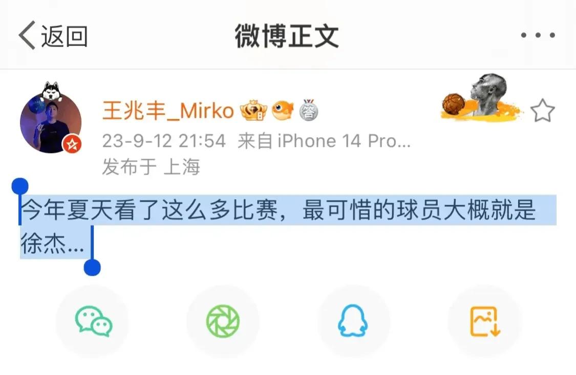 解说员王兆丰悲伤的感慨到，今年夏天看了这么多场比赛，最可惜的是球员徐杰。

言语