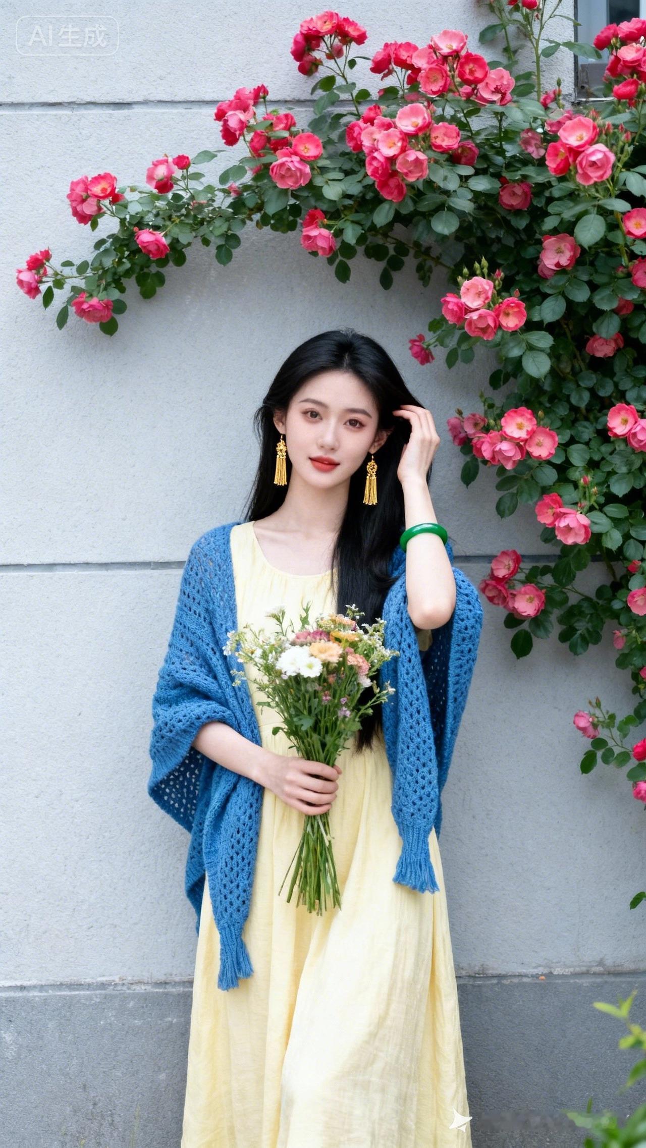 穿黄裙子的女孩拿着花站在花前。