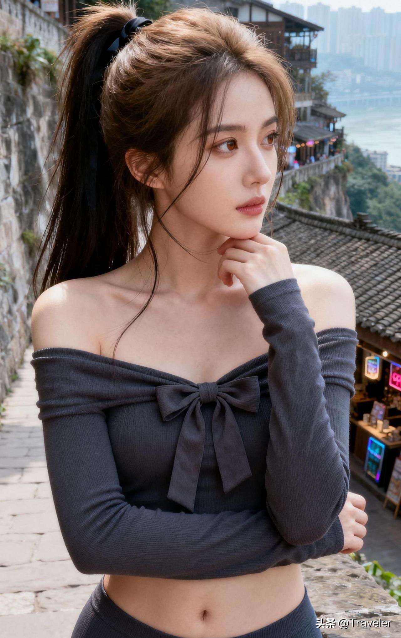 古风少女在山水间，沉思的瞬间美如画