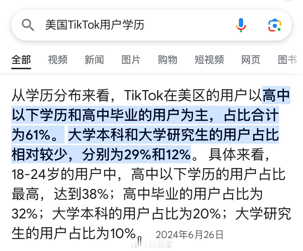 中美网友对账后有些人天塌了 tk用户学历6成没上过大学，小红书7成本科以上，和一