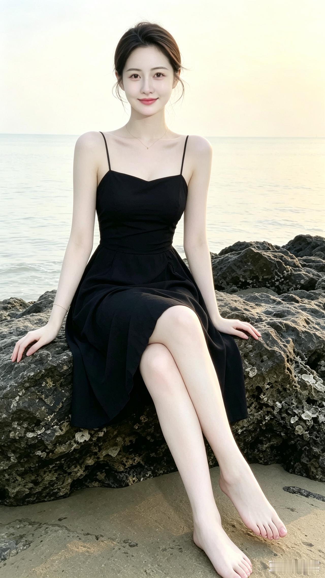 海边岩石上，穿黑裙子的女孩。