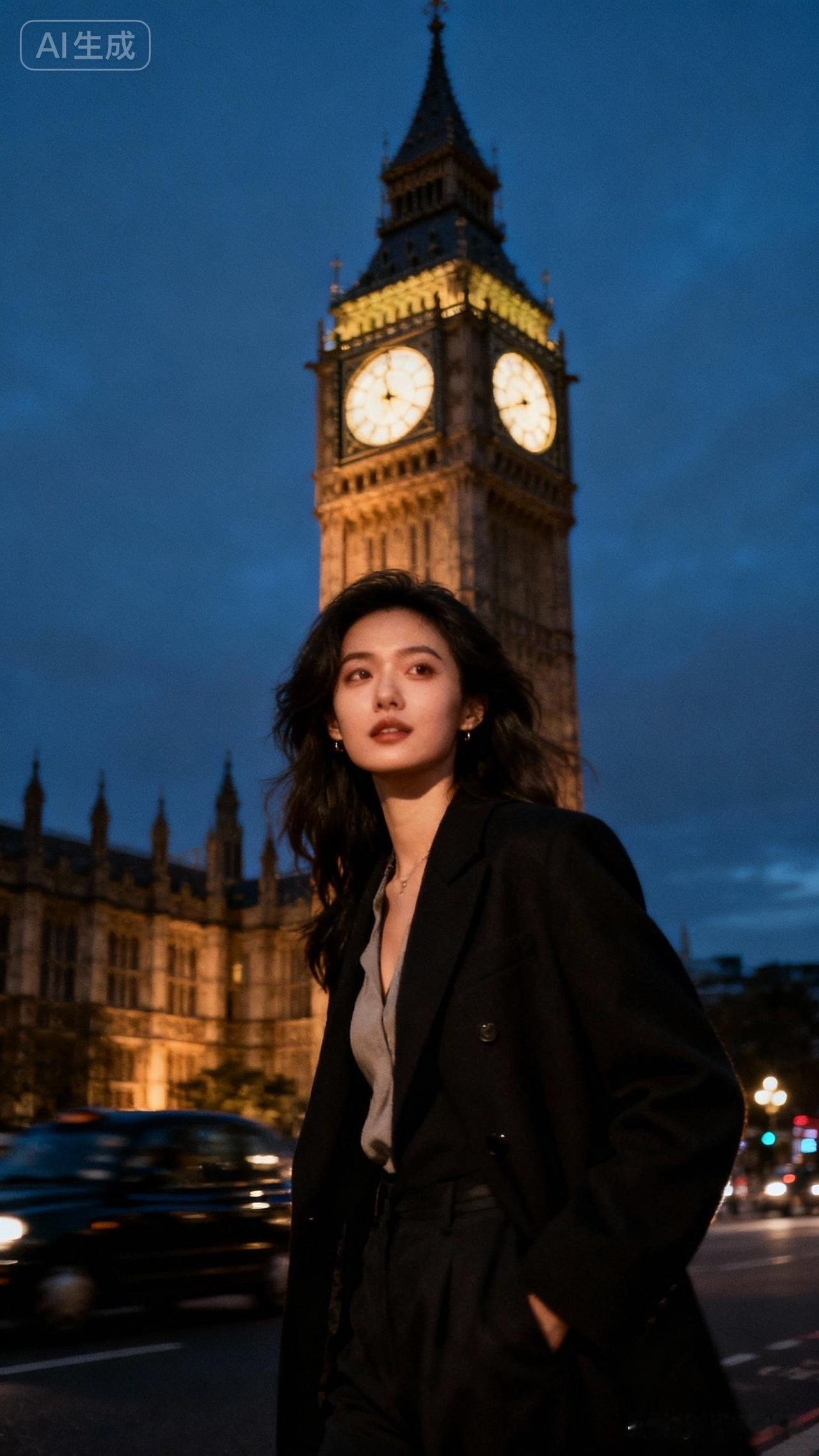 夜晚的伦敦，钟楼下的时尚少女