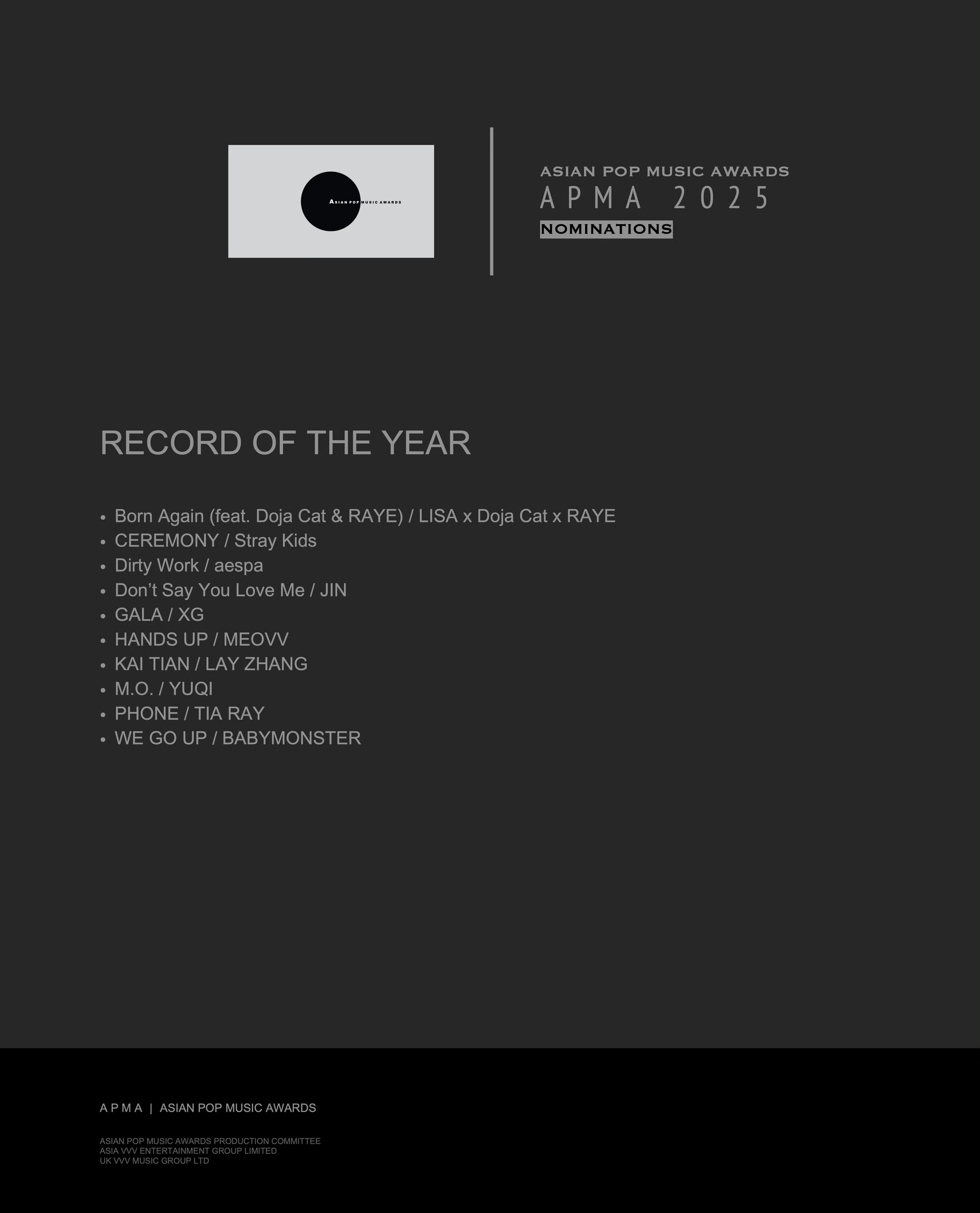 宋雨琦《M.O.》获得2025亚洲流行音乐大奖(APMA) 双提名Record 