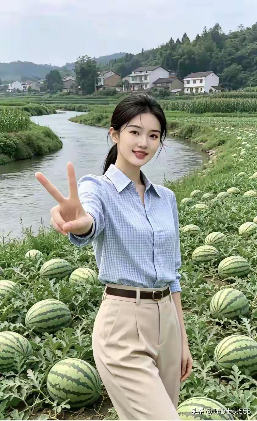 田园风光美如画，甜美笑容展风采！🌿🍉😊
