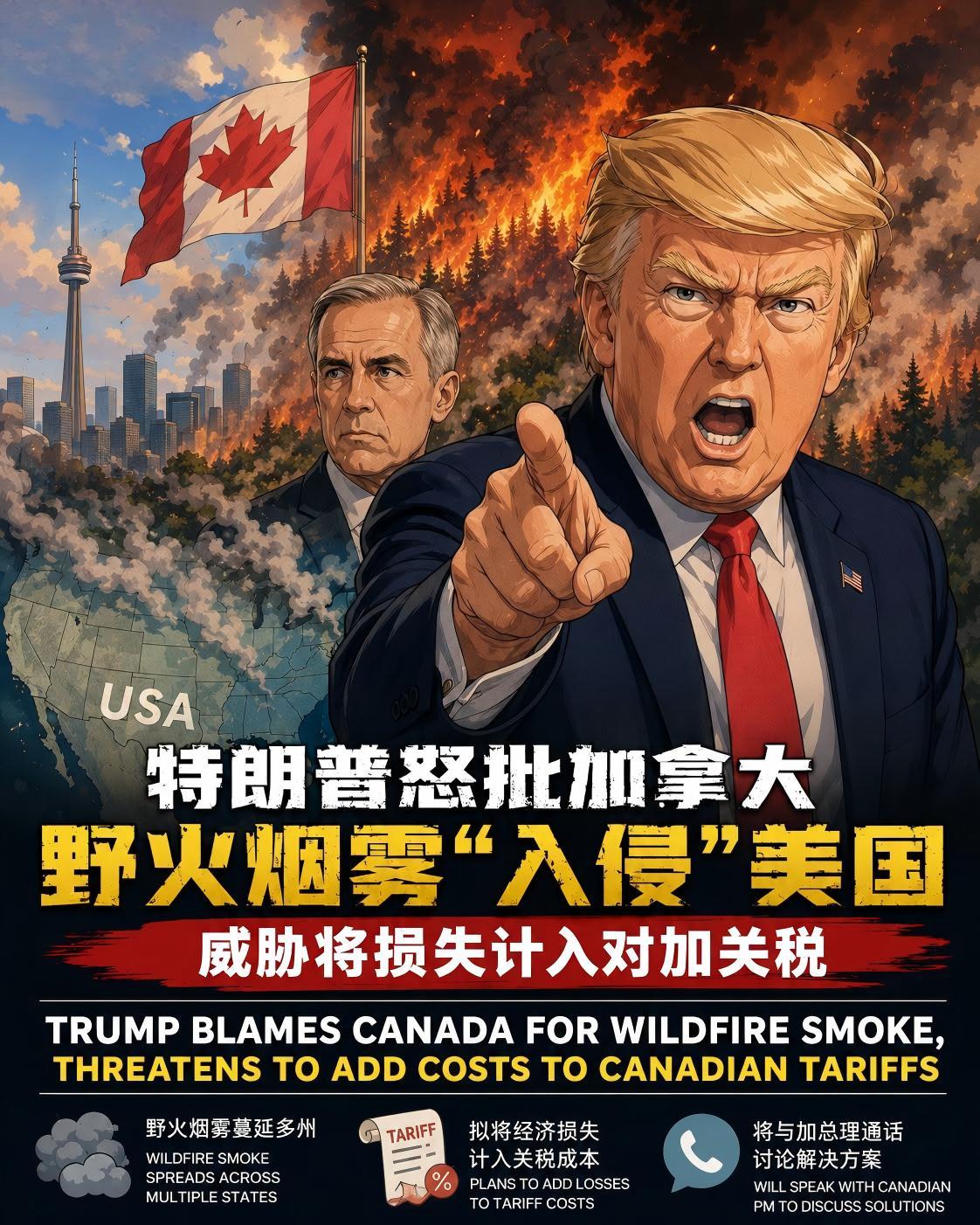 特朗普这回火气不小：加拿大山火污染的账，得算到关税里！
7月17日，他在Trut