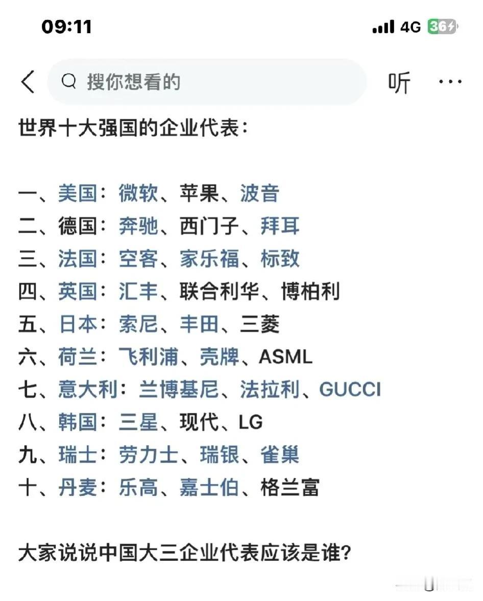 世界十大强国的企业代表 ～
一、美国：微软、苹果、波音
二、德国：奔驰、西门子、