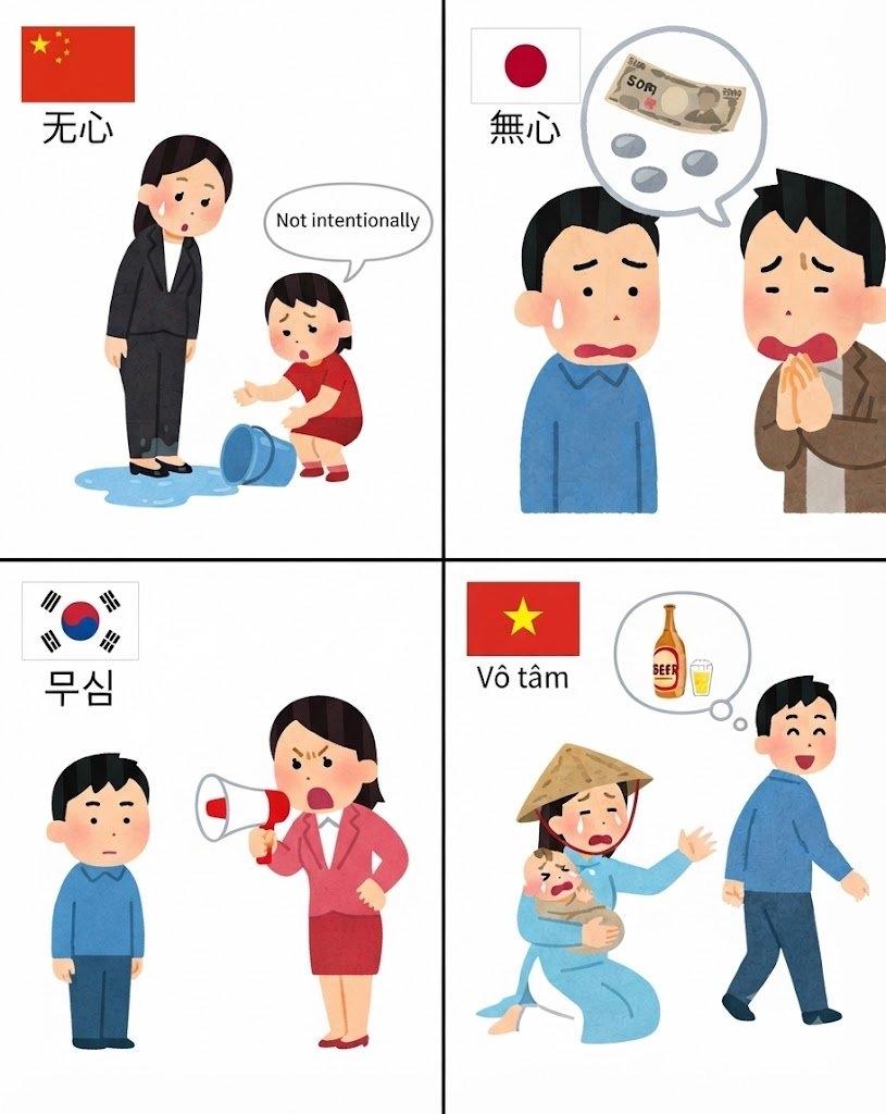 中日韩越共用千年的汉字「无心」，起源完全一致，如今含义却天差地别，

追根溯源，
