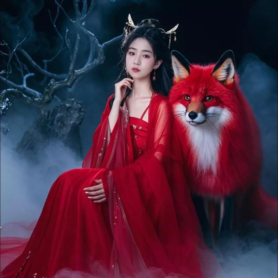 红衣仙子与红狐相依，梦幻森林中的唯美时刻。红衣仙狐 红衣妖狐 红狐仙子 红纱仙狐
