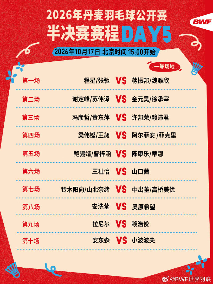 丹麦羽毛球公开赛半决赛赛程 2026丹麦羽毛球公开赛半决赛今日15点开赛，国羽对