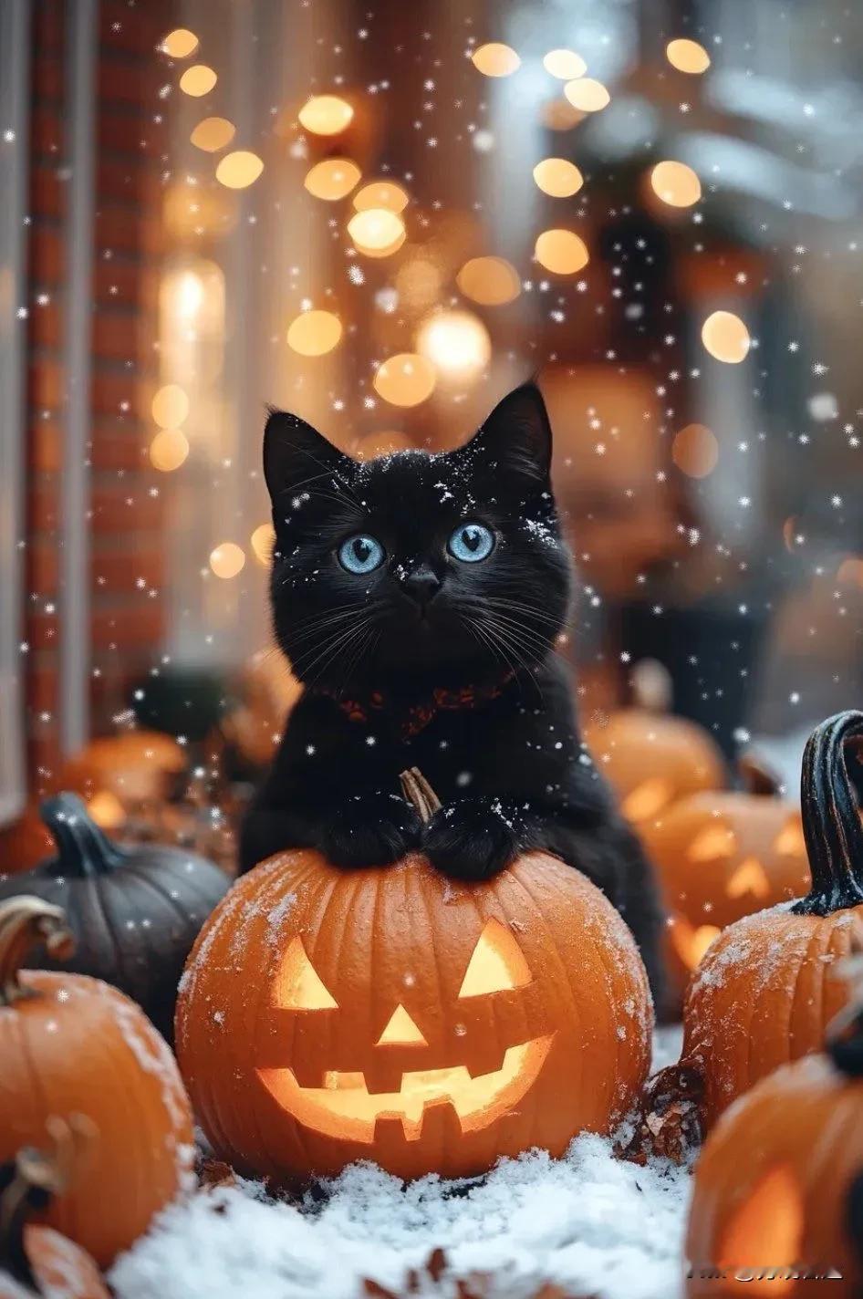 猫坐南瓜，静待秋夜。