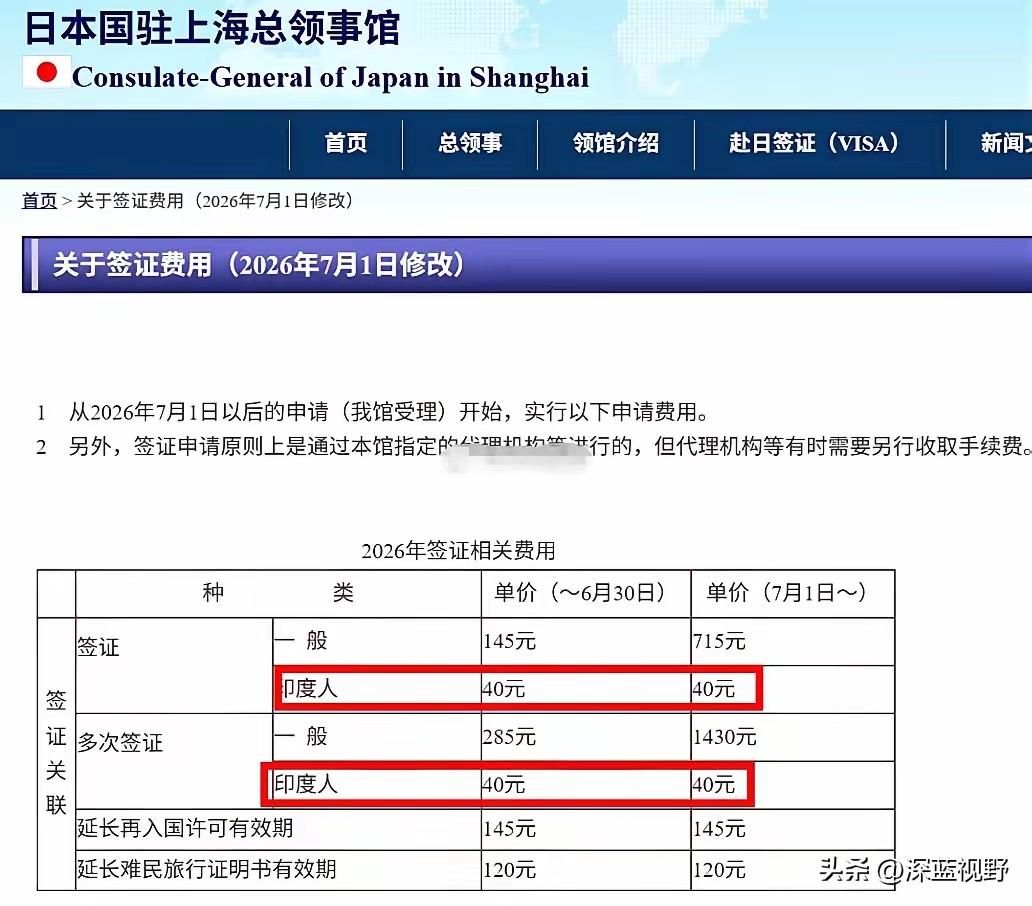 日本驻上海总领事馆官网通知，今年7月1日起，中国大陆游客赴日的单次签证费，从原来