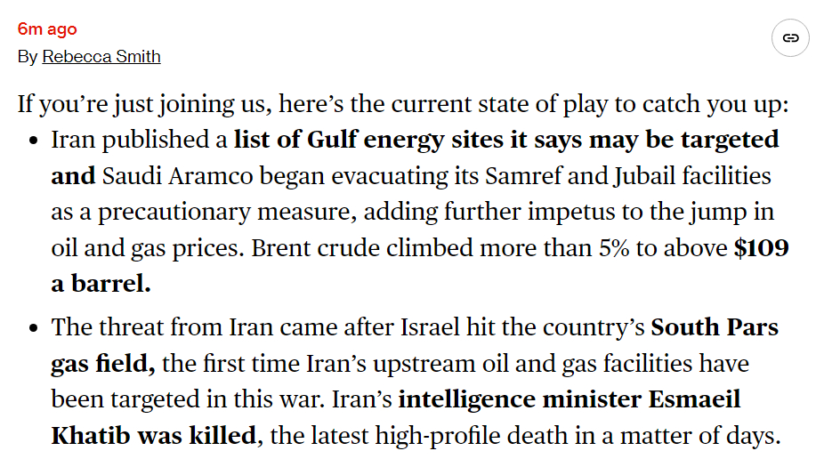 🔻彭博社报道：伊朗公布了一份海湾能源设施名单，称这些设施可能成为攻击目标，据知