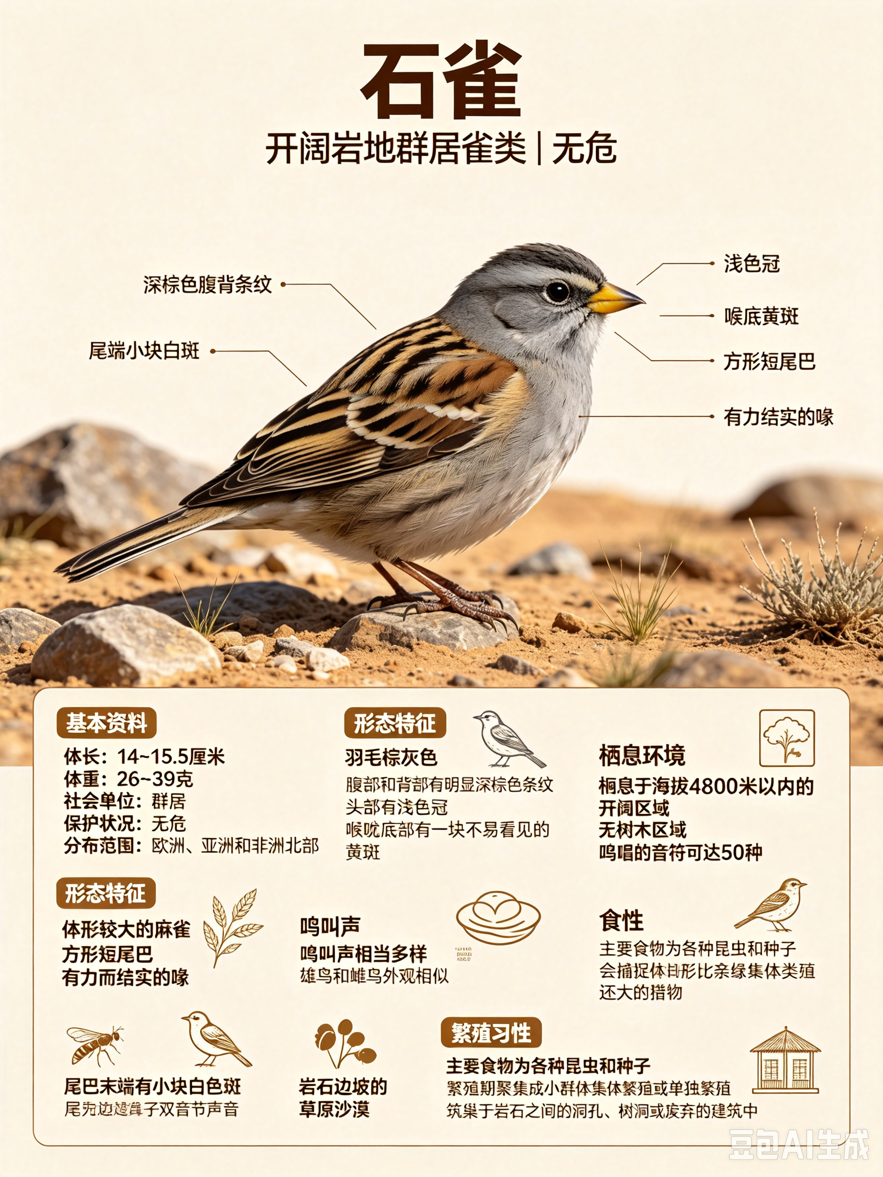 鸟类朋友图鉴 石雀体长：14~15.5 厘米体重：26~39 克社会单位：群居保
