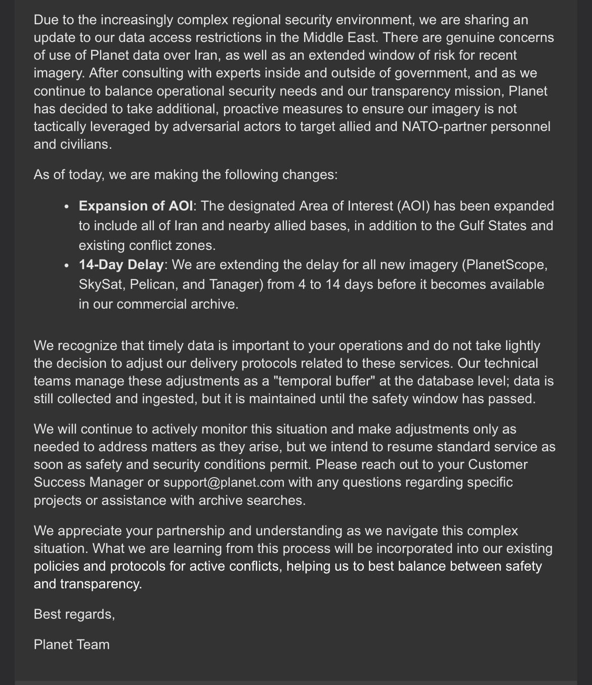 PlanetLab宣布将伊朗及其附近国家等海湾地区地区的卫星图像发布时间从之前的