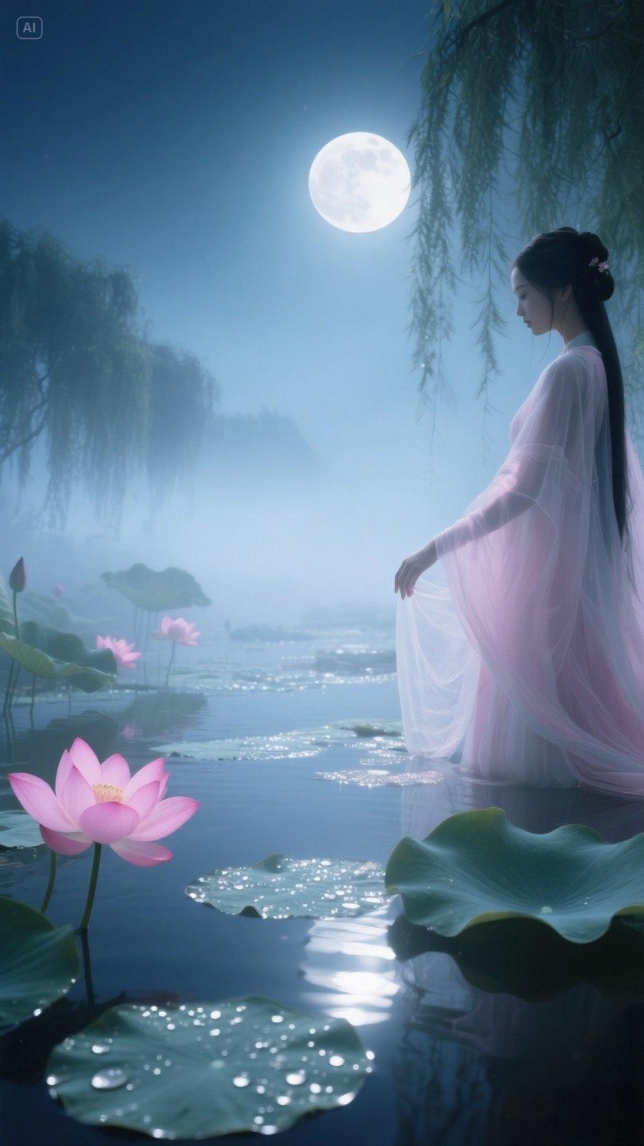 上联：烟浮柳岸一帘梦，
下联：雾沉庭院三更月，
下联：风摇竹影满窗诗。