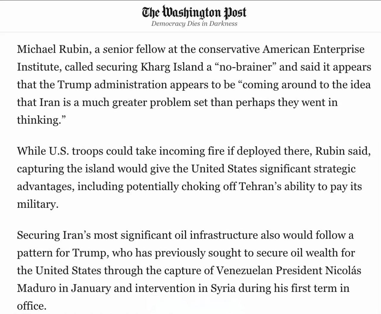 美国《华盛顿邮报》报道称，美国总统老特将派遣美军地面部队入侵伊朗，以“夺取石油财