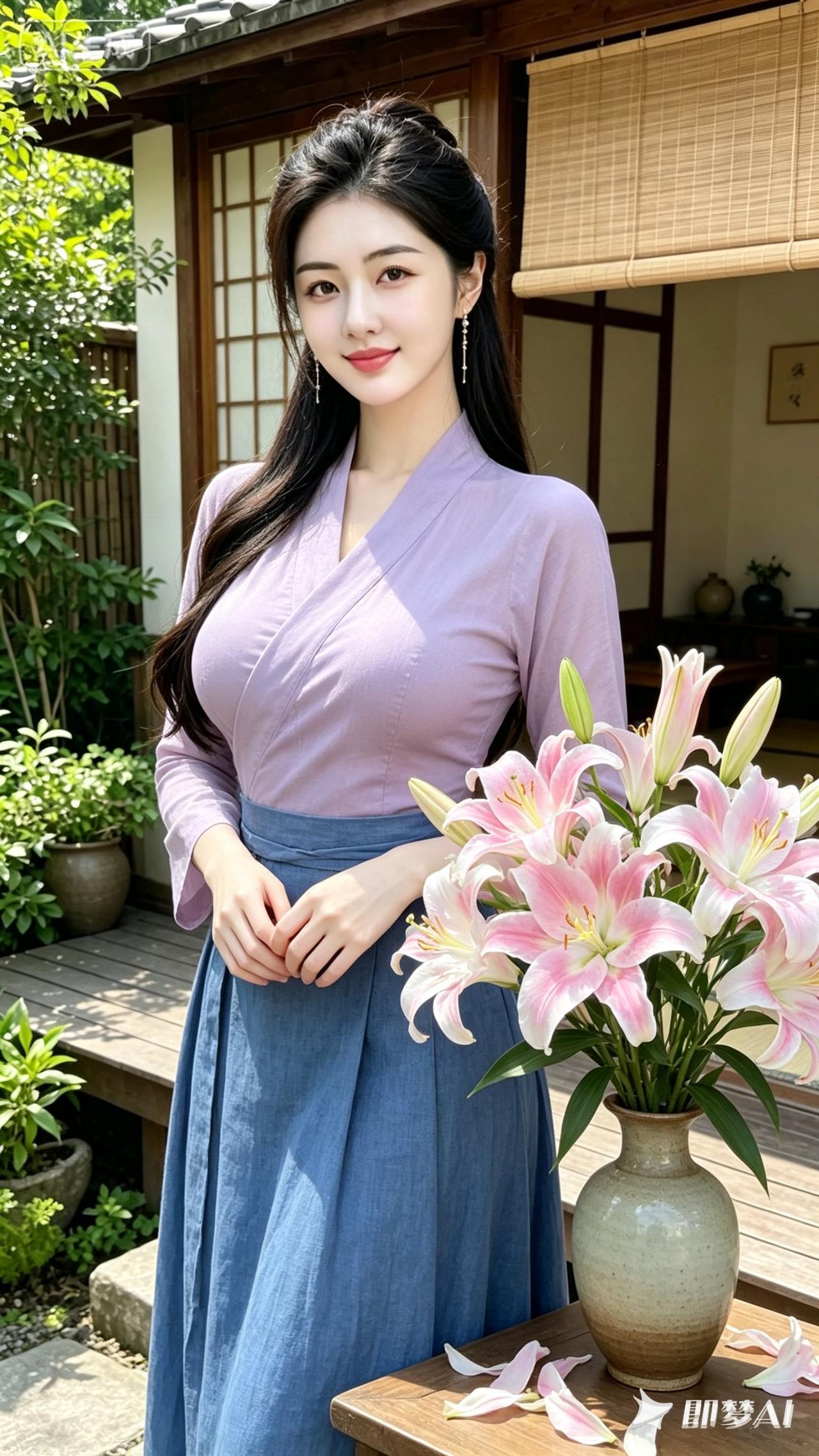 温柔古风少女，粉色百合花，静谧庭院，古典优雅。
