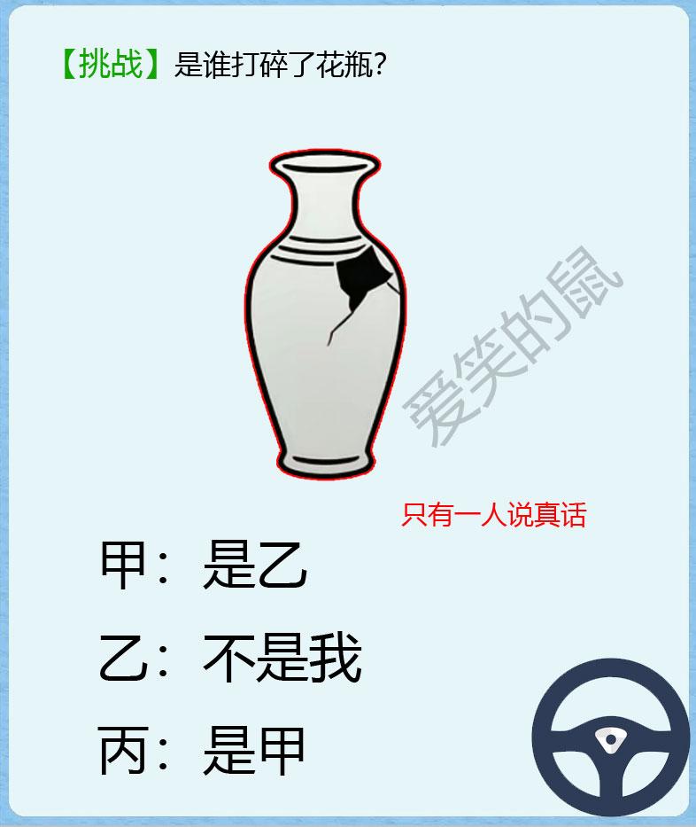 你敢来挑战吗？到底是谁打碎了这一个花瓶呢？
已知关键的条件是：三个人之中只有一个