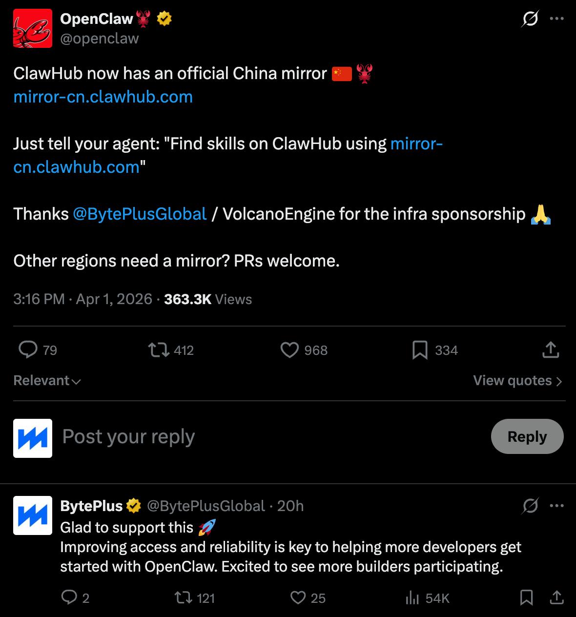 ClawHub 中国镜像站上线 赋能中国开发者低成本“养虾”
4月2日，Open