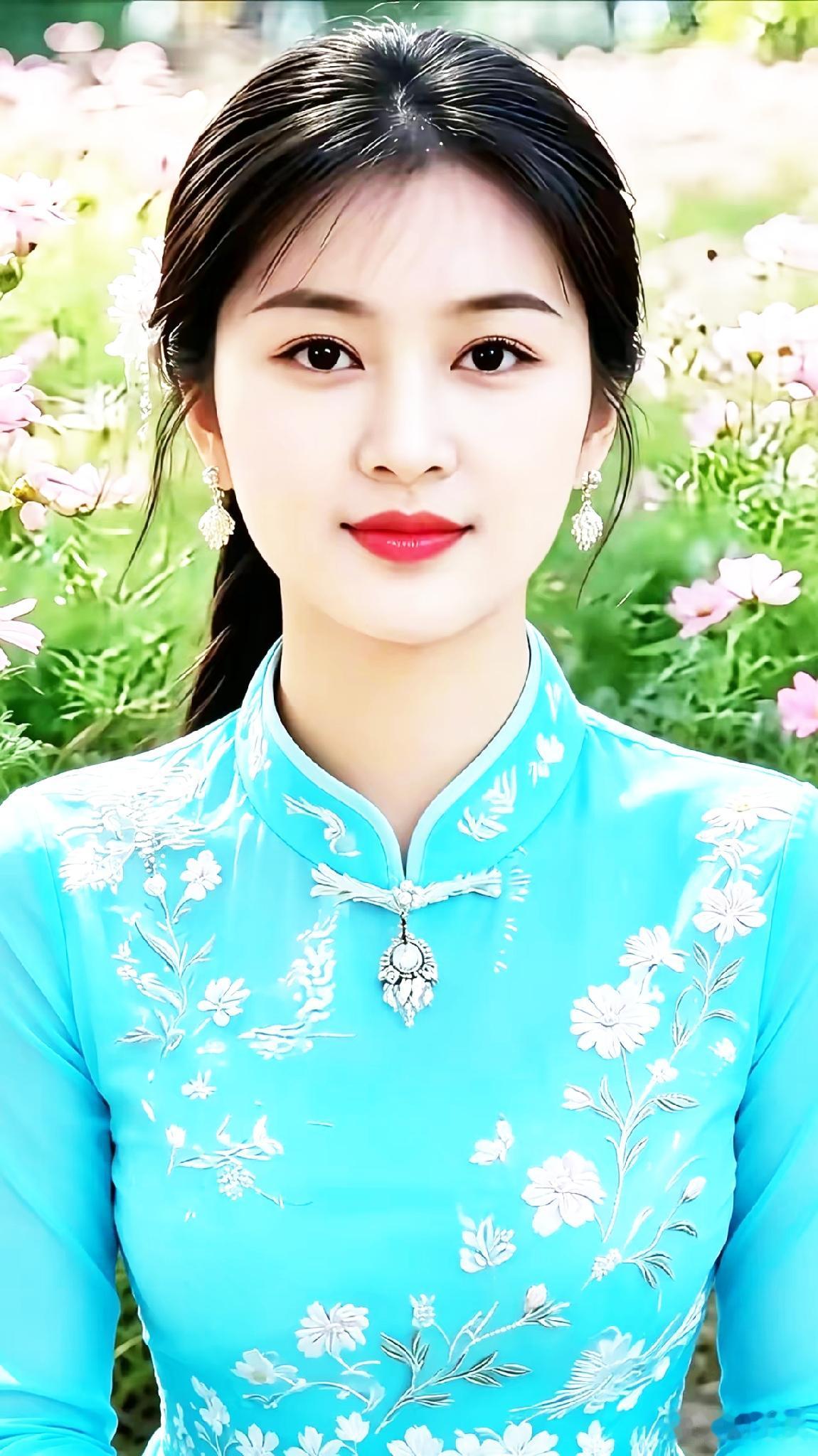 优雅蓝花旗袍，绽放自然之美