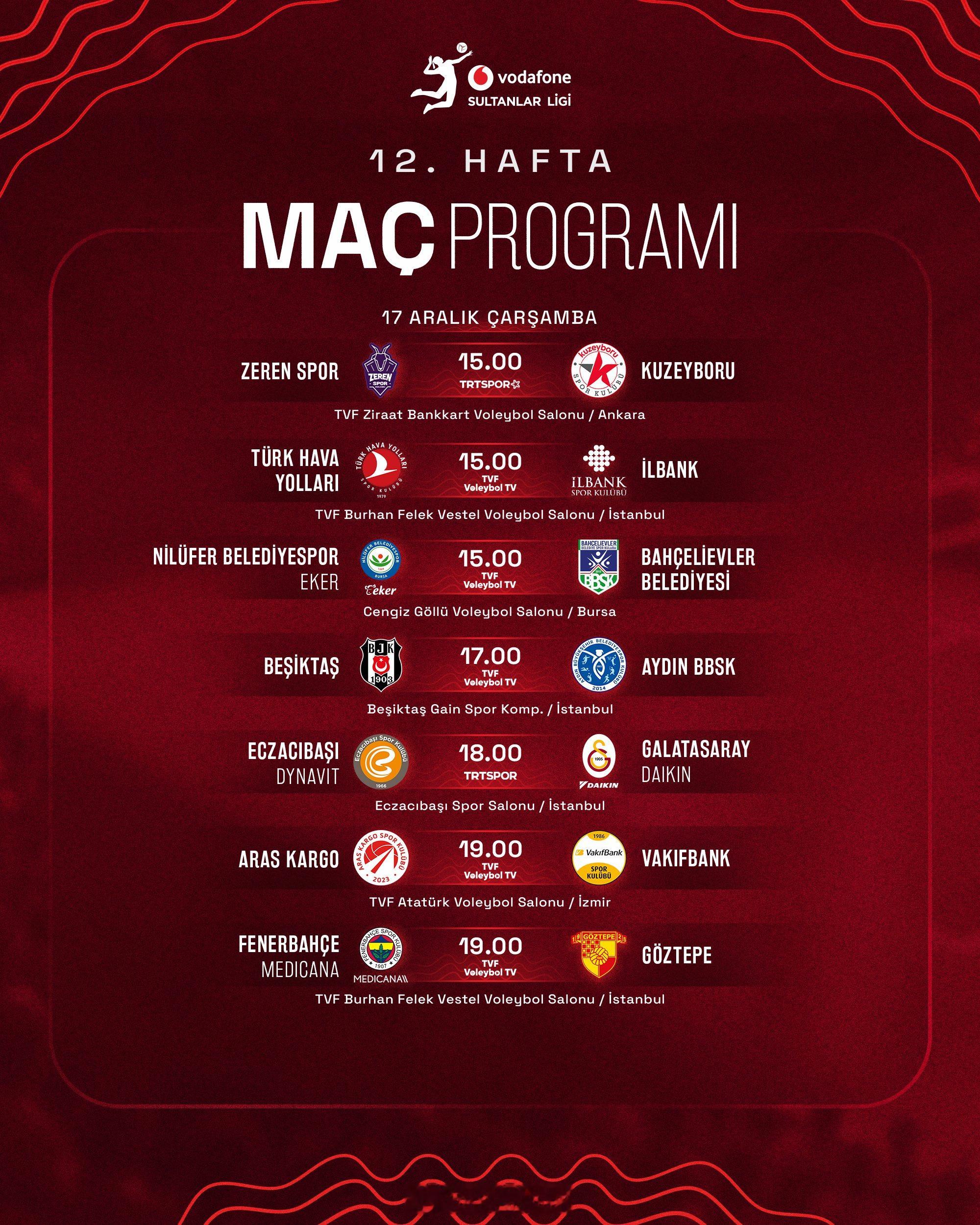 2025-2026女排土超 常规赛第12轮的较量今天（12月17日）上演，北京时