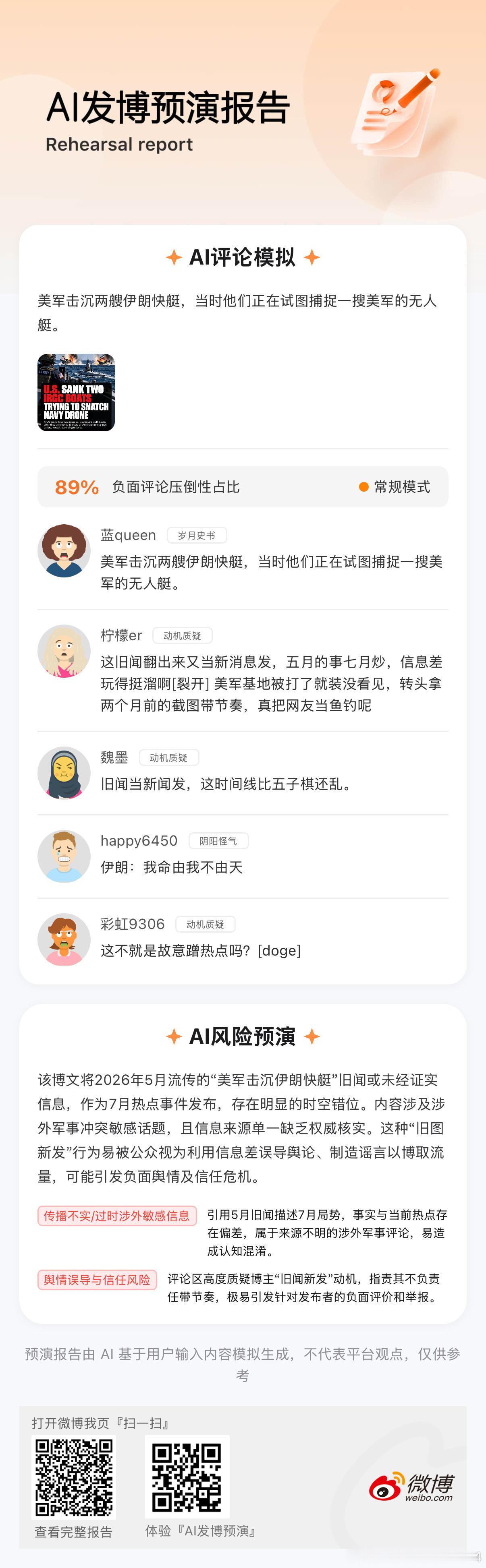 来，感受一下AI虚拟发博的舆情预演。今天微博邀请我虚拟发博，然后找50万杠精来评