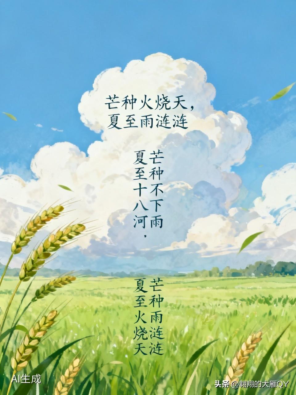 今天是芒种节气民间俗语有
1. 芒种时节赤日炎炎，夏至之际细雨绵绵
2. 芒种若