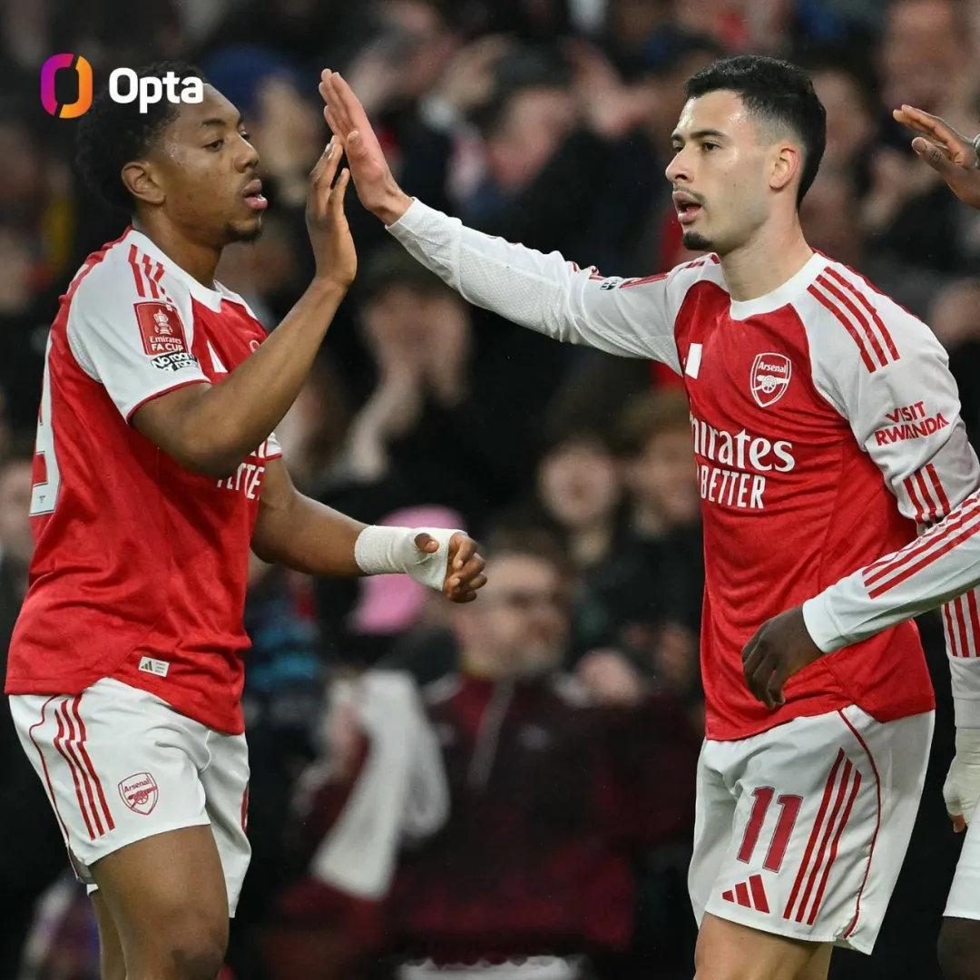 Opta统计，阿森纳成为了英超成立以来（92-93赛季），首支在足总杯比赛前30