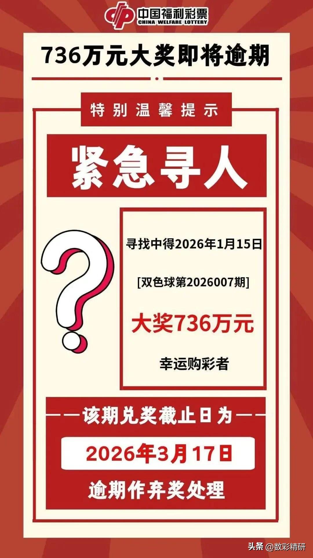 紧急寻人，736万大奖即将过期。
长沙彩民朋友们注意啦！2026年1月15日，双