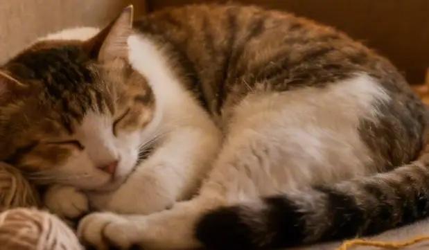 我家猫咪睡觉的样子很萌，它缩成一团，像个毛茸茸的圆球，小爪子还微微蜷缩着，特别可