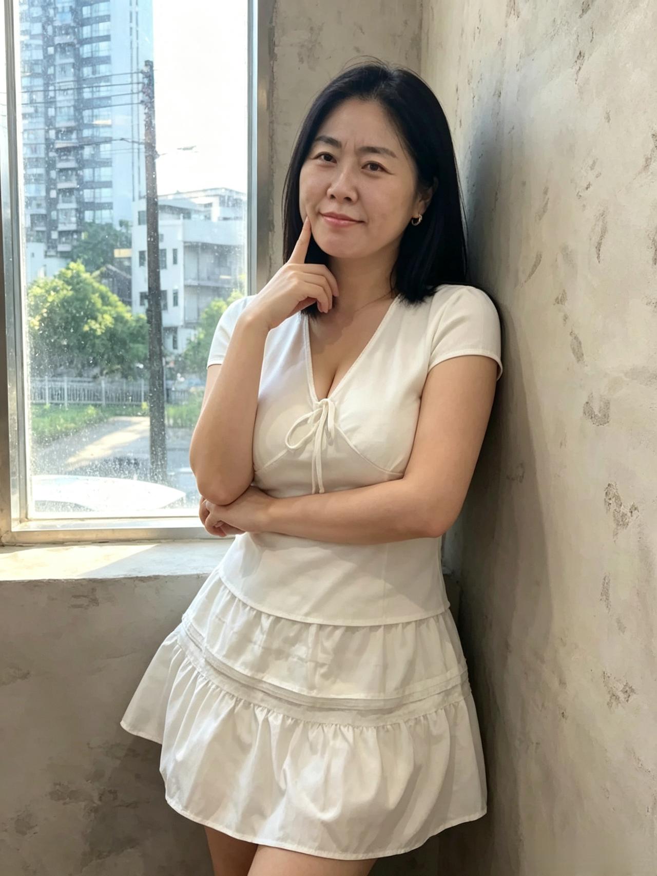 窗畔风姿婉，罗裙素色柔。
指触轻轻笑，静对一城秋。