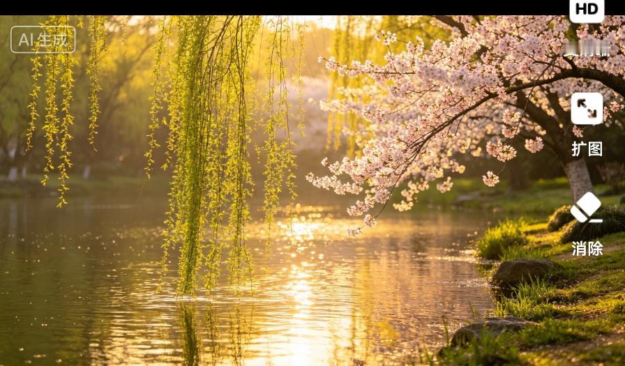 新绿初上，莺飞草长。柳丝依依拂过水面，桃花灼灼开满枝头。