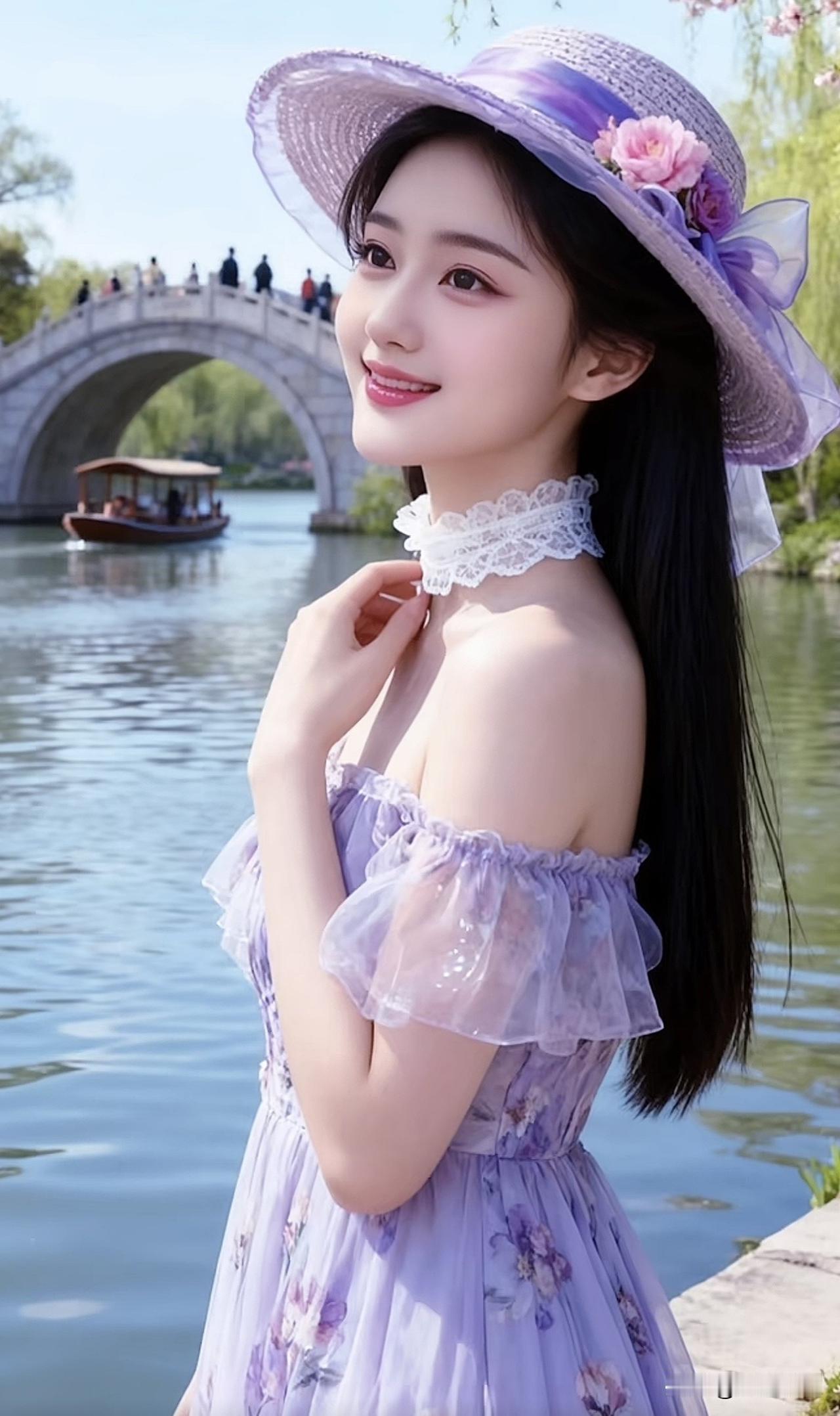 湖畔轻纱舞，桥上笑语喧。湖畔静景 湖畔紫裙照 湖畔仙姿漫步 湖畔紫裙照 湖畔仙姿