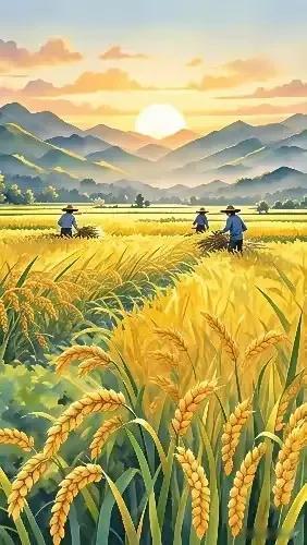 稻穗籽粒饱满，丰収在望。农民在田里忙禄着。