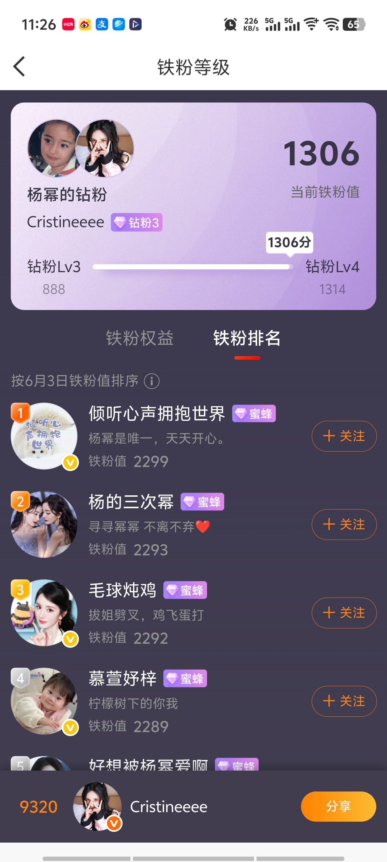 杨幂 很开心看到这个铁粉排名一直往前走