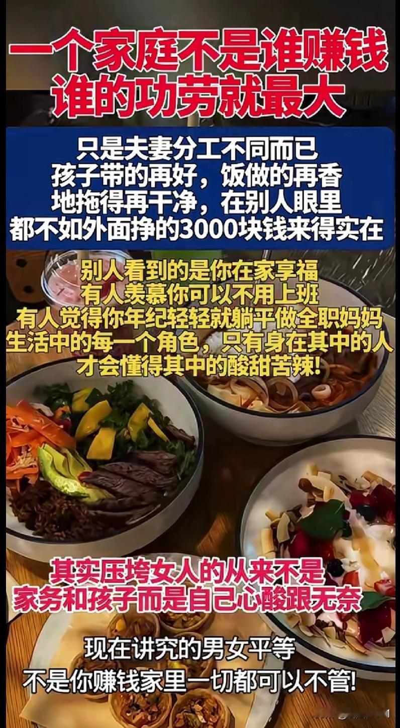 宝子们！咱就说这家庭里的功劳咋能只看谁赚钱多呢？
 
你以为全职带娃、做饭拖地很