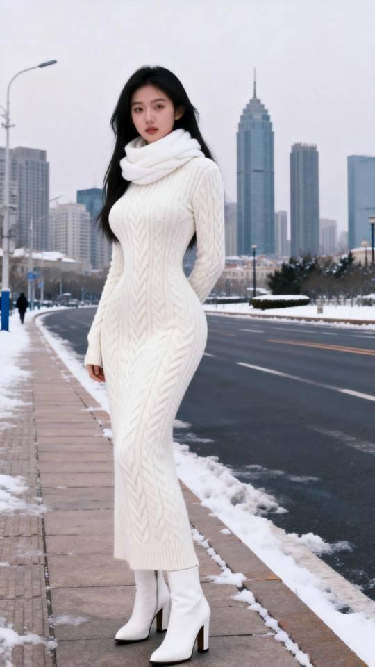 冬日雪景中的时尚穿搭，白色毛衣长裙搭配高跟靴，尽显优雅气质！毛衣裙 衣服穿搭
