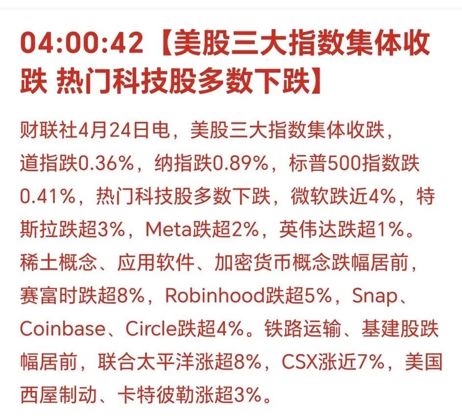 凌晨4点50分，刚刚被手机消息震醒：美国三大股指集体收跌！美股是在筑顶？还是在蓄