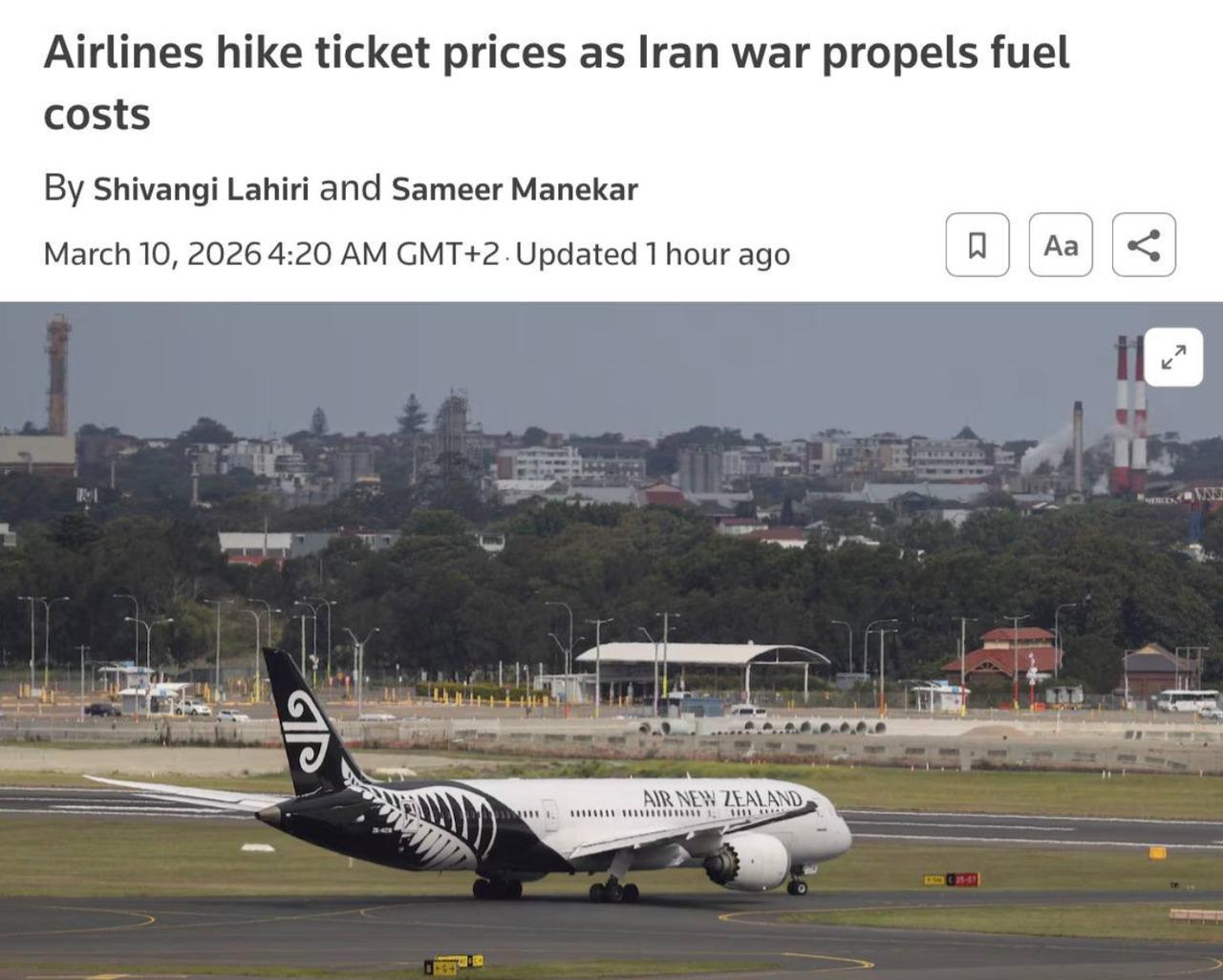 路透社：中东战争导致机票涨价。

打算往返亚洲、欧洲出行的旅客最近想必深有感触，