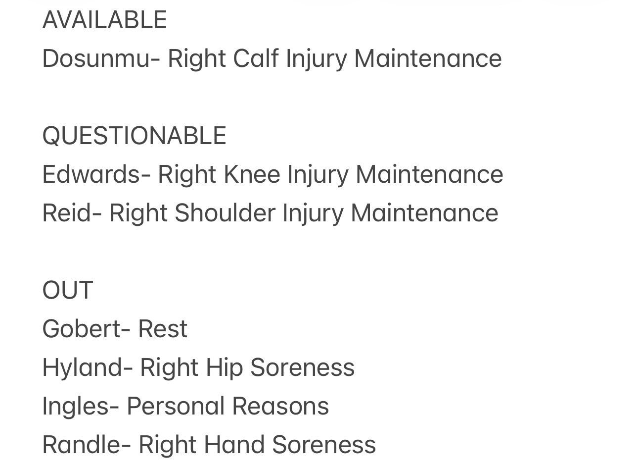 兰德尔、戈贝尔缺席今日对阵火箭！爱德华兹和纳兹-里德出战成疑森林狼vs火箭