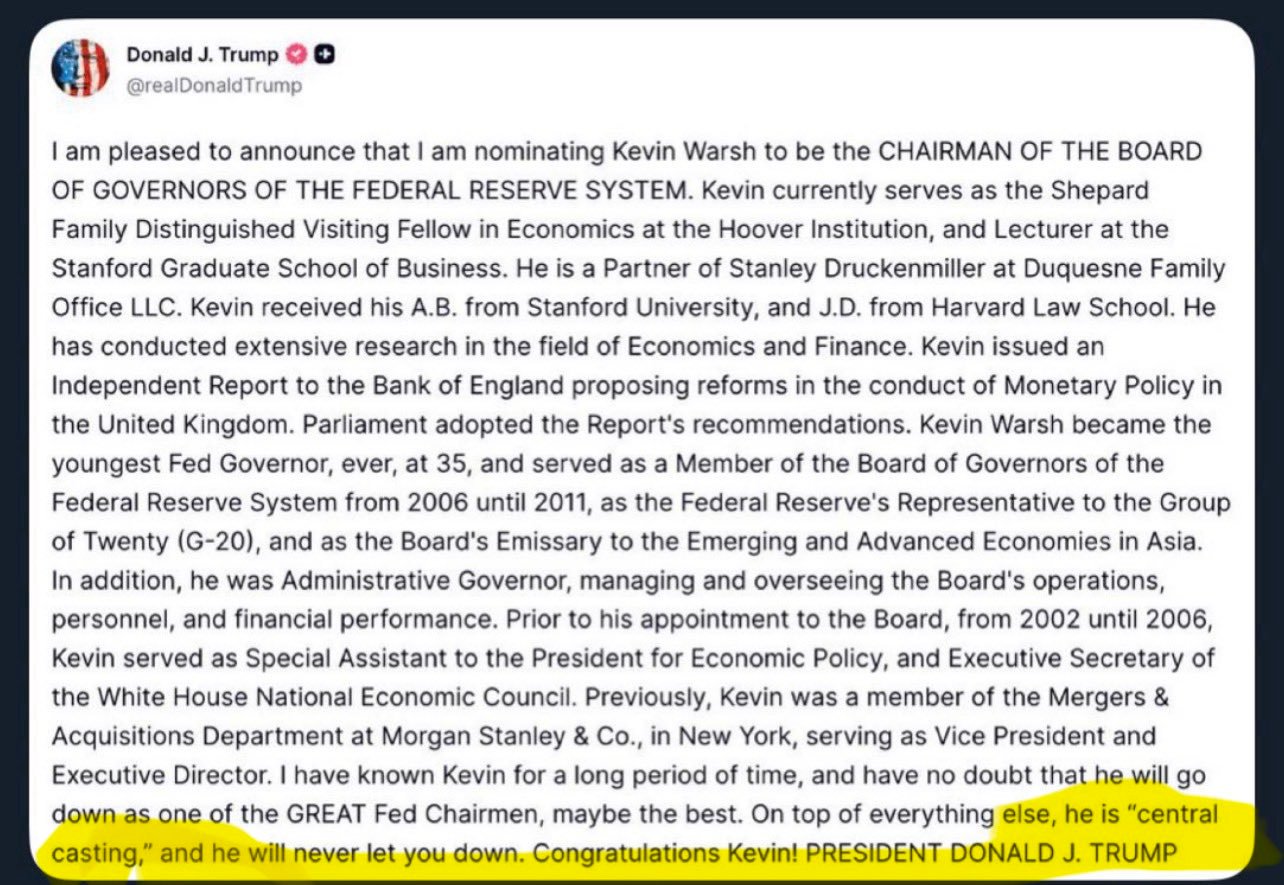 🔻特朗普的下一任美联储主席人选是凯文·沃什。🔻美国市场对此并不看好，基本认为