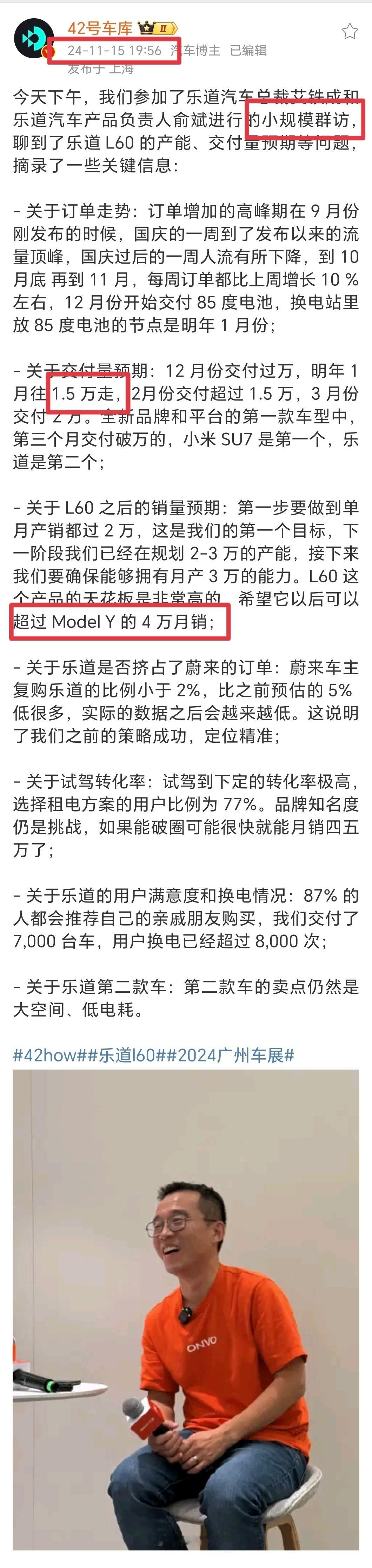 42号车库的原文是，小规模群访中铁成说1月乐道L60销量往15000爬，这多亏没