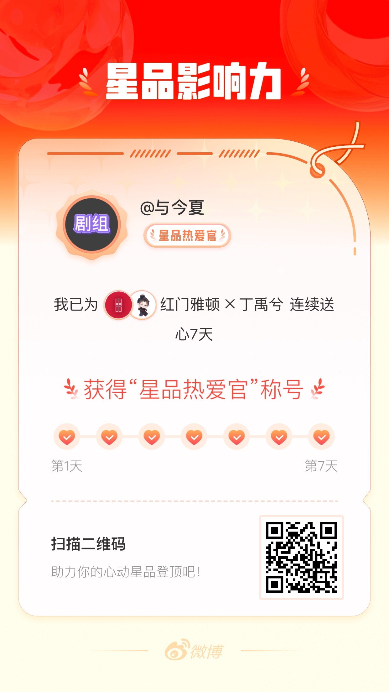 我在星品影响力上为 X 连续送心7天，获得“星品热爱官”称号！快来一起pick你