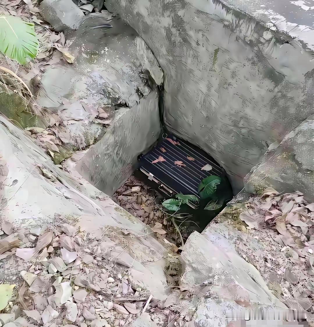 爬山路过乱石沟，忽然看到石缝里卡着一个行李箱！
一瞬间脑子里闪过好多猜想，心里咯