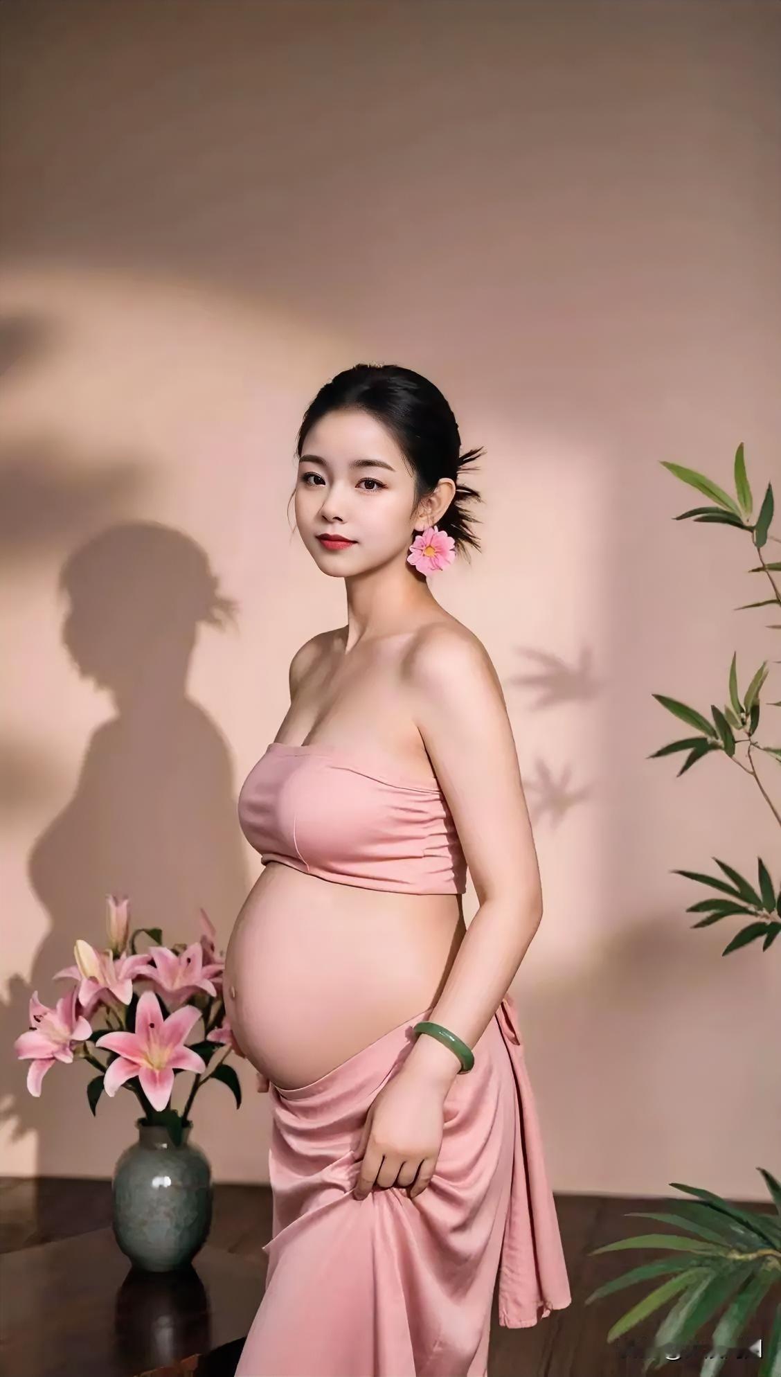 温柔孕味写真，身着粉色连衣裙，手捧花束，在自然光影的映照下，尽显满满幸福。孕期氛