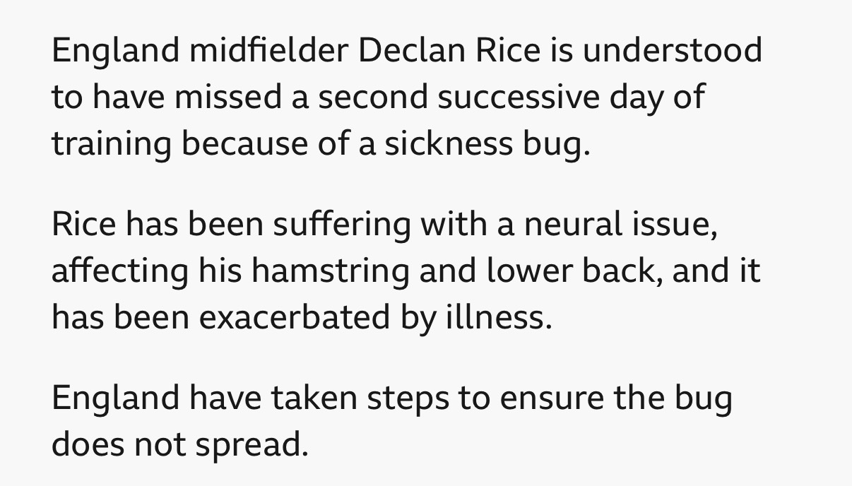 赖斯因病（sickness bug）连续两天缺席了球队训练他原本就受到神经痛的困